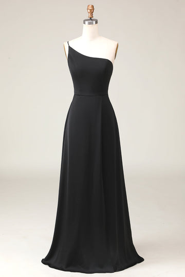 Vestido de dama de honor negro de gasa de un hombro hasta el suelo